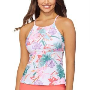 Raisins St. Croix Tankini Top Floral White Pink High Neck Ladder Back Small NWT